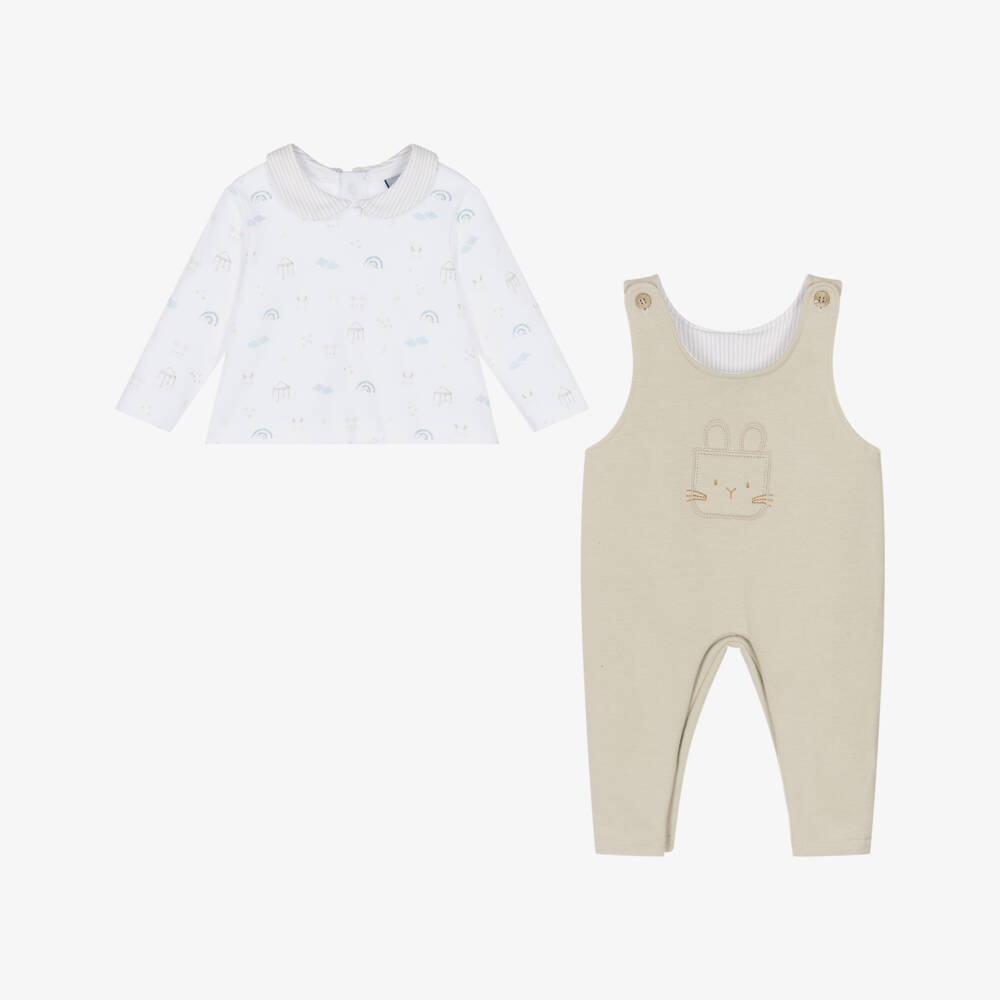 Babidu-Baby Boys Beige Cotton Bunny & Cloud Dungaree Set | Childrensalon