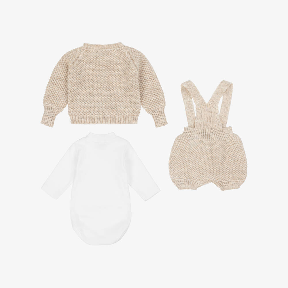 Babidu-Baby Boys Beige Knitted Cardigan & Shorts Set | Childrensalon