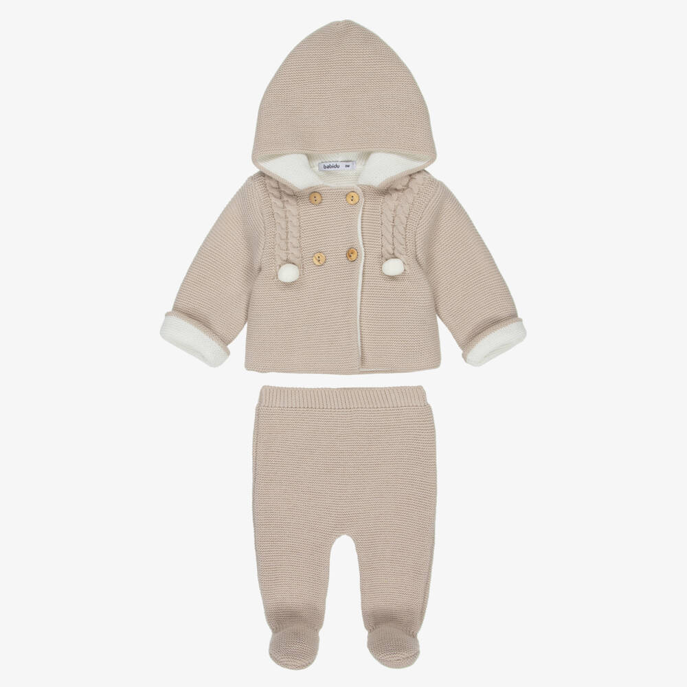 Babidu-Baby Boys Beige Knitted Pram Coat Set | Childrensalon