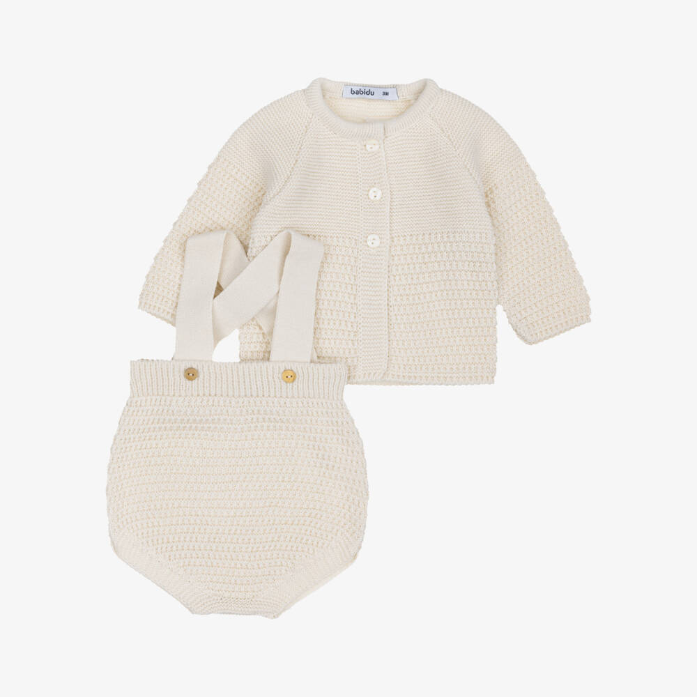 Babidu-Baby Boys Beige Knitted Shortie Set with Bonnet | Childrensalon