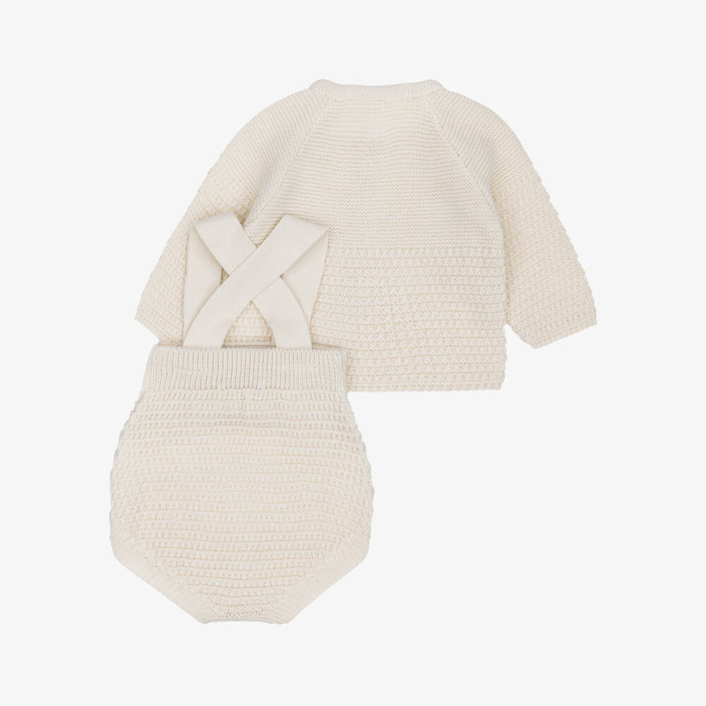Babidu-Baby Boys Beige Knitted Shortie Set with Bonnet | Childrensalon