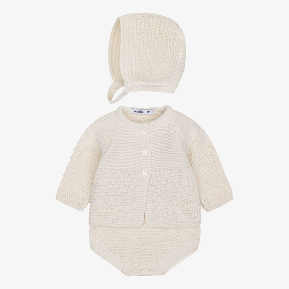 Babidu-Baby Boys Beige Knitted Shortie Set with Bonnet | Childrensalon