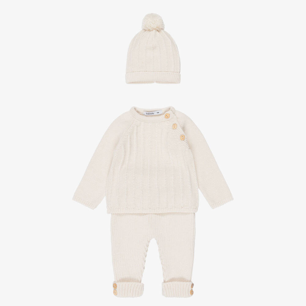 Babidu-Baby Boys Beige Knitted Trouser Set | Childrensalon