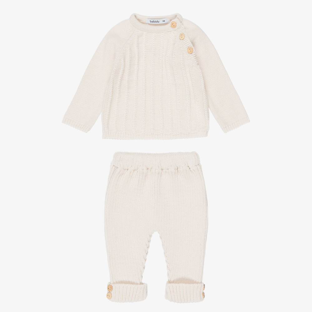 Babidu-Baby Boys Beige Knitted Trouser Set | Childrensalon