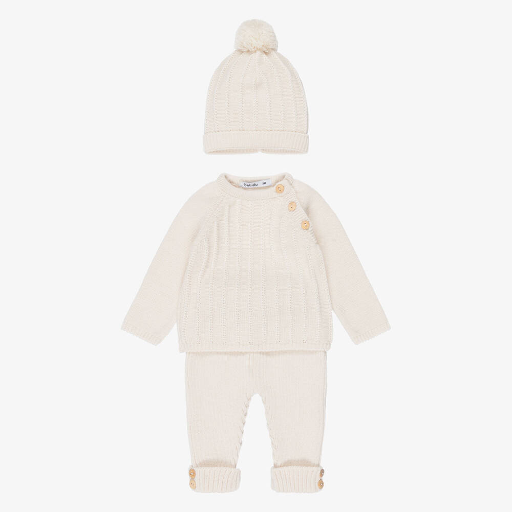 Babidu-Baby Boys Beige Knitted Trouser Set | Childrensalon