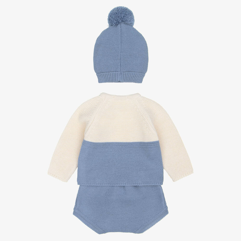 Babidu-Baby Boys Blue & Beige Knitted Shorts Set with Hat | Childrensalon