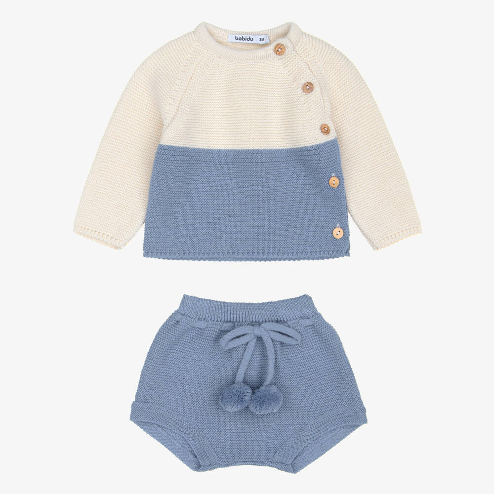 Babidu-Baby Boys Blue & Beige Knitted Shorts Set with Hat | Childrensalon