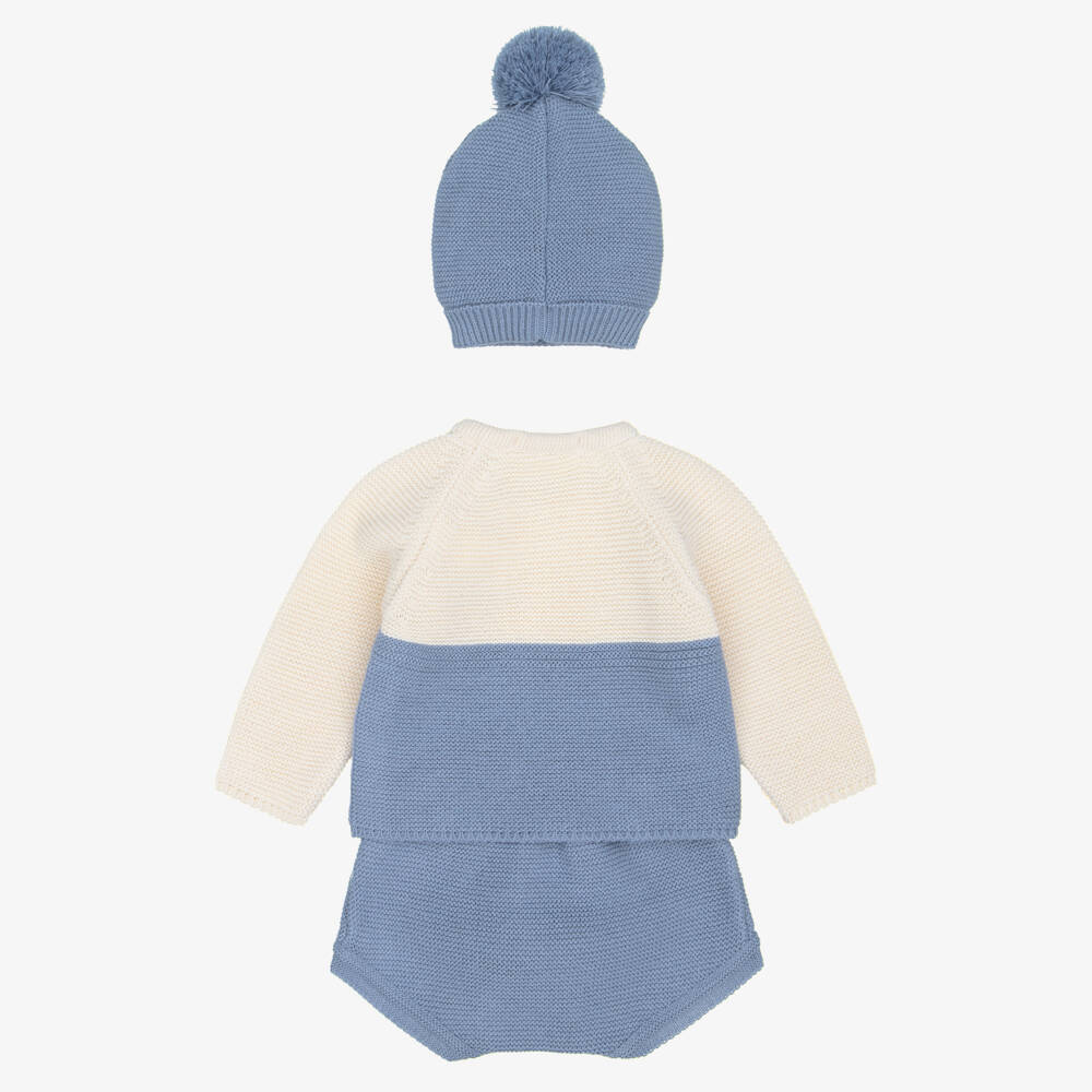 Babidu-Baby Boys Blue & Beige Knitted Shorts Set with Hat | Childrensalon
