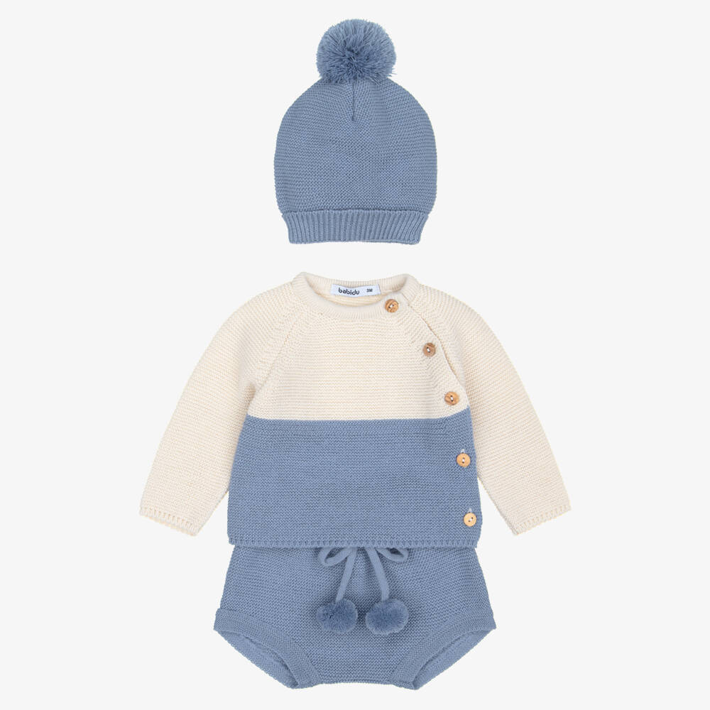 Babidu-Baby Boys Blue & Beige Knitted Shorts Set with Hat | Childrensalon