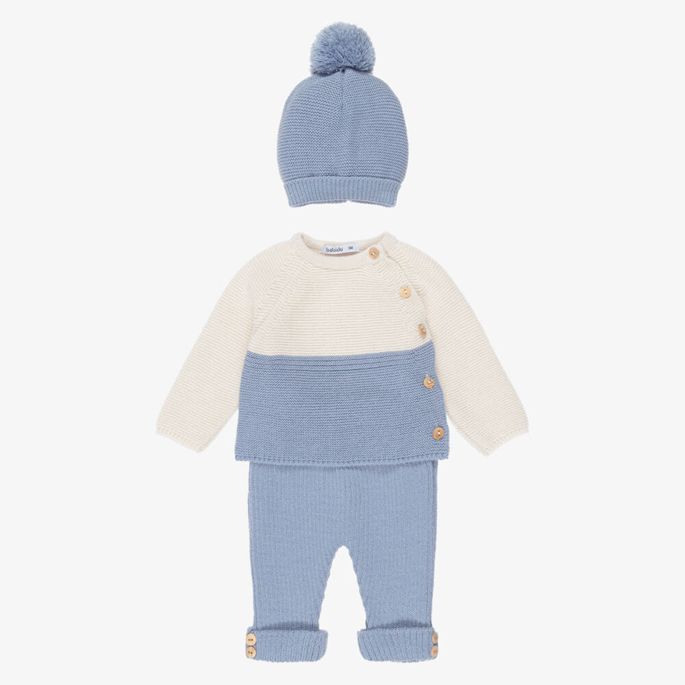 Babidu-Baby Boys Blue & Beige Knitted Trouser Set | Childrensalon