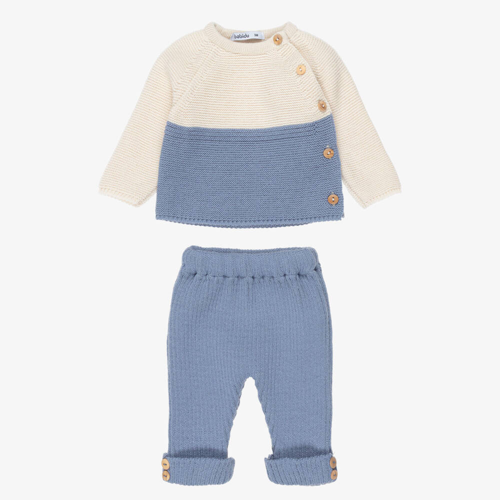 Babidu-Baby Boys Blue & Beige Knitted Trouser Set | Childrensalon
