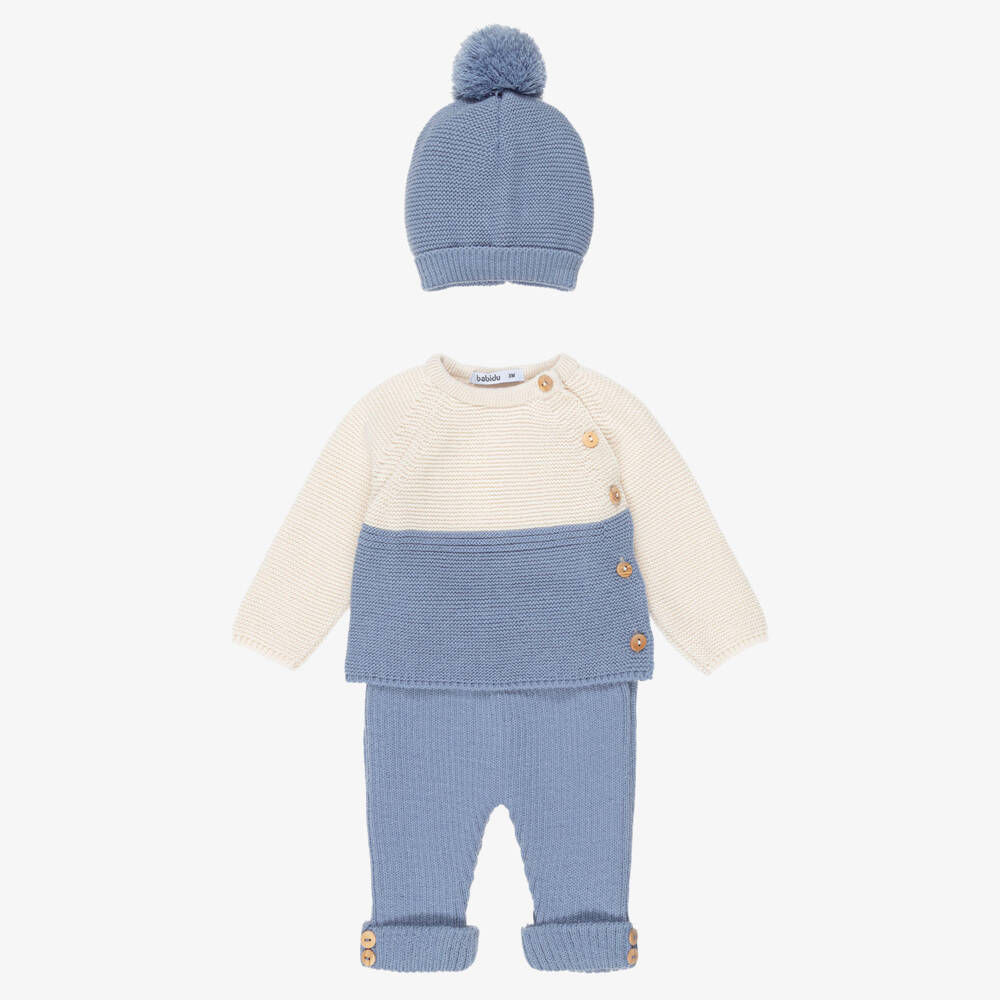 Babidu-Baby Boys Blue & Beige Knitted Trouser Set | Childrensalon