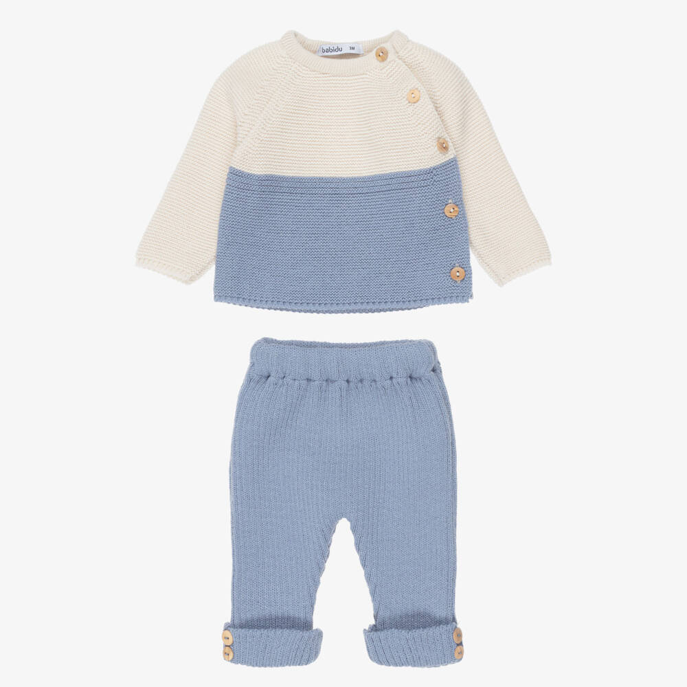 Babidu-Baby Boys Blue & Beige Knitted Trouser Set | Childrensalon