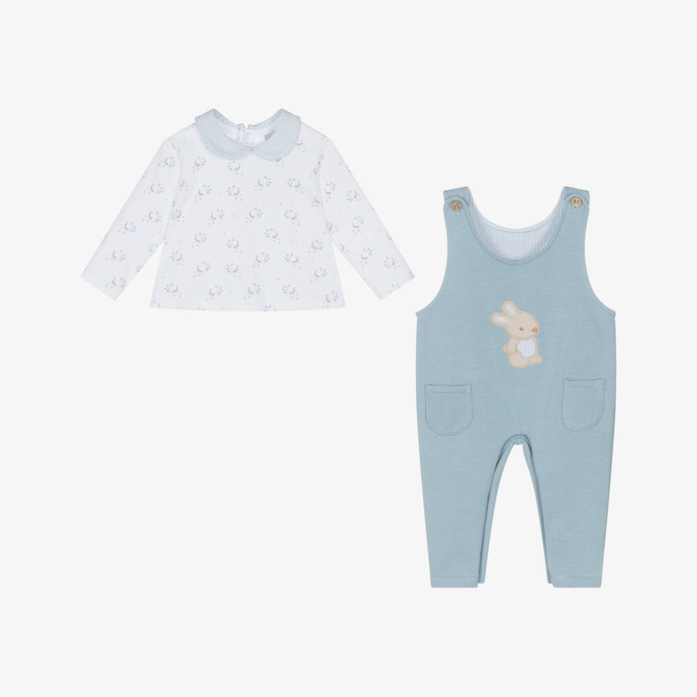 Babidu-Baby Boys Blue Cotton Jersey Dungaree Set with Bunny Print | Childrensalon