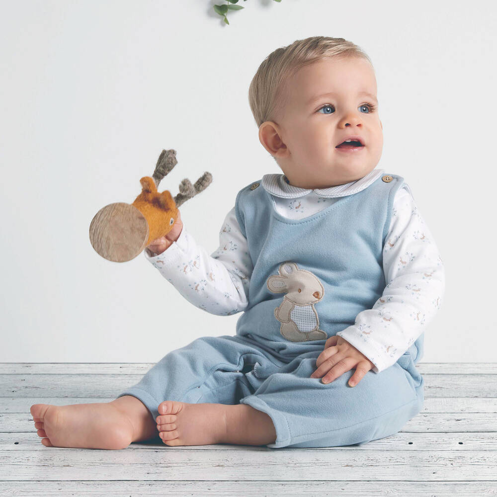 Babidu-Baby Boys Blue Cotton Jersey Dungaree Set with Bunny Print | Childrensalon