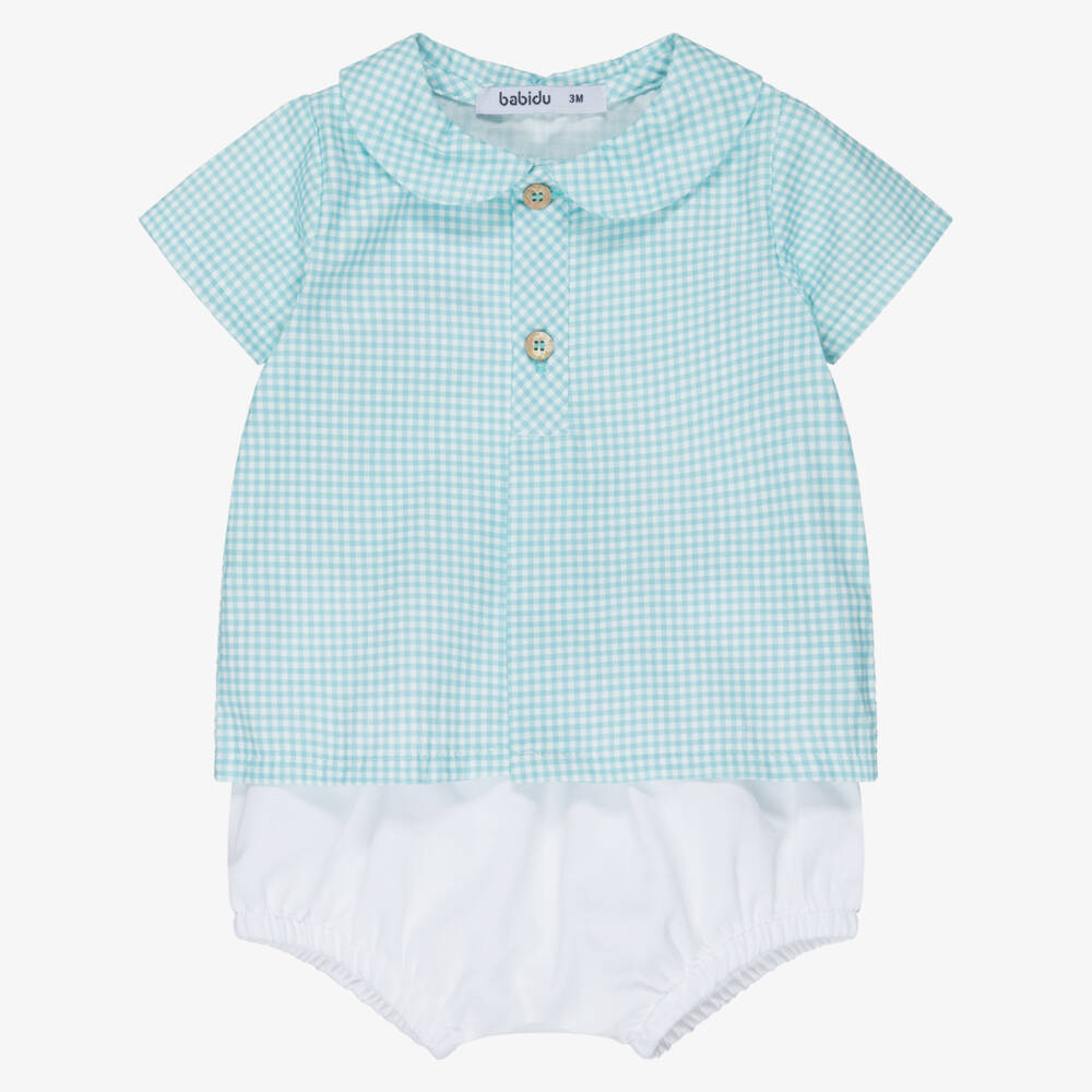 Babidu-Baby Boys Blue Gingham Check Cotton Shorts Set | Childrensalon