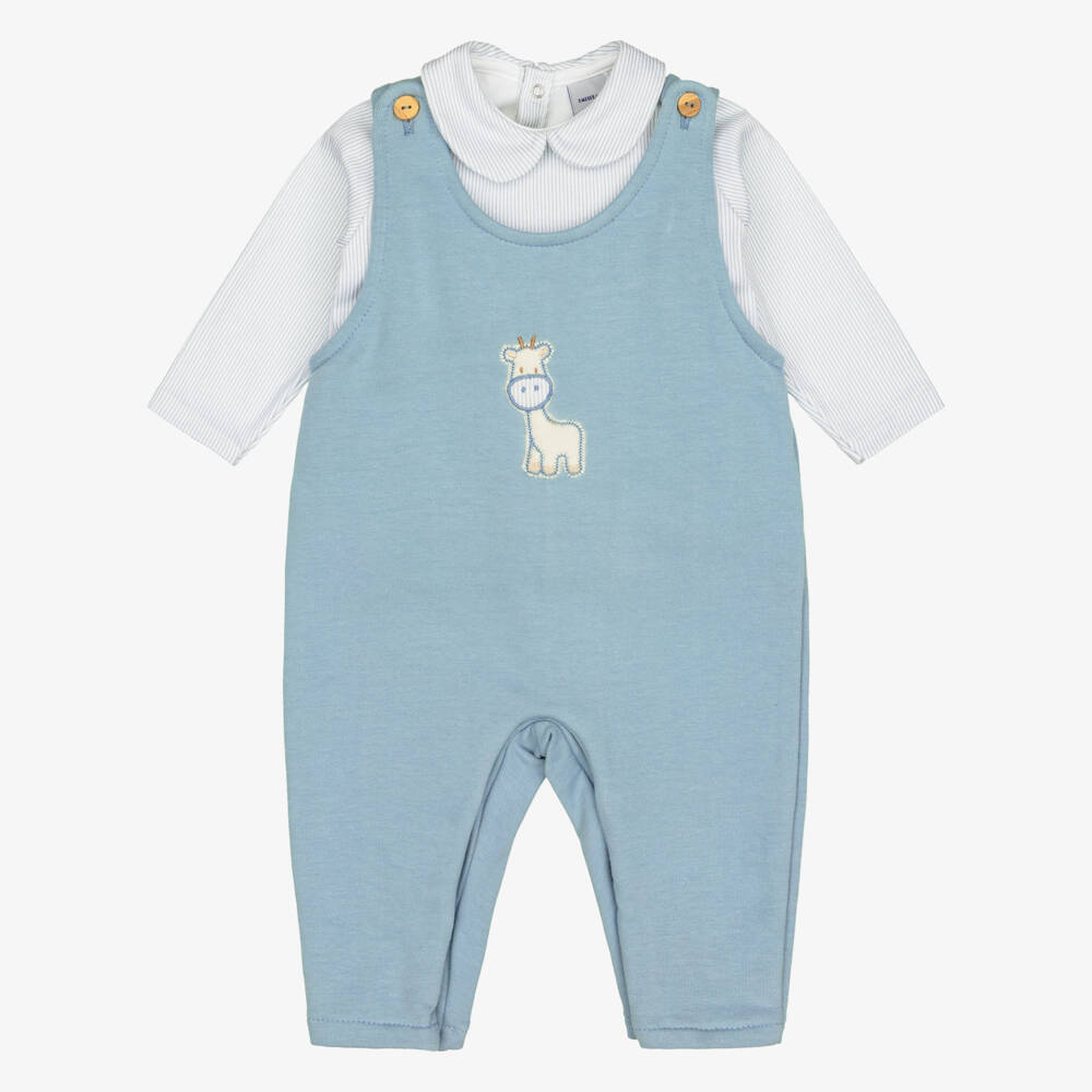 Babidu-Baby Boys Blue Jersey Dungaree Set with Giraffe Motif | Childrensalon