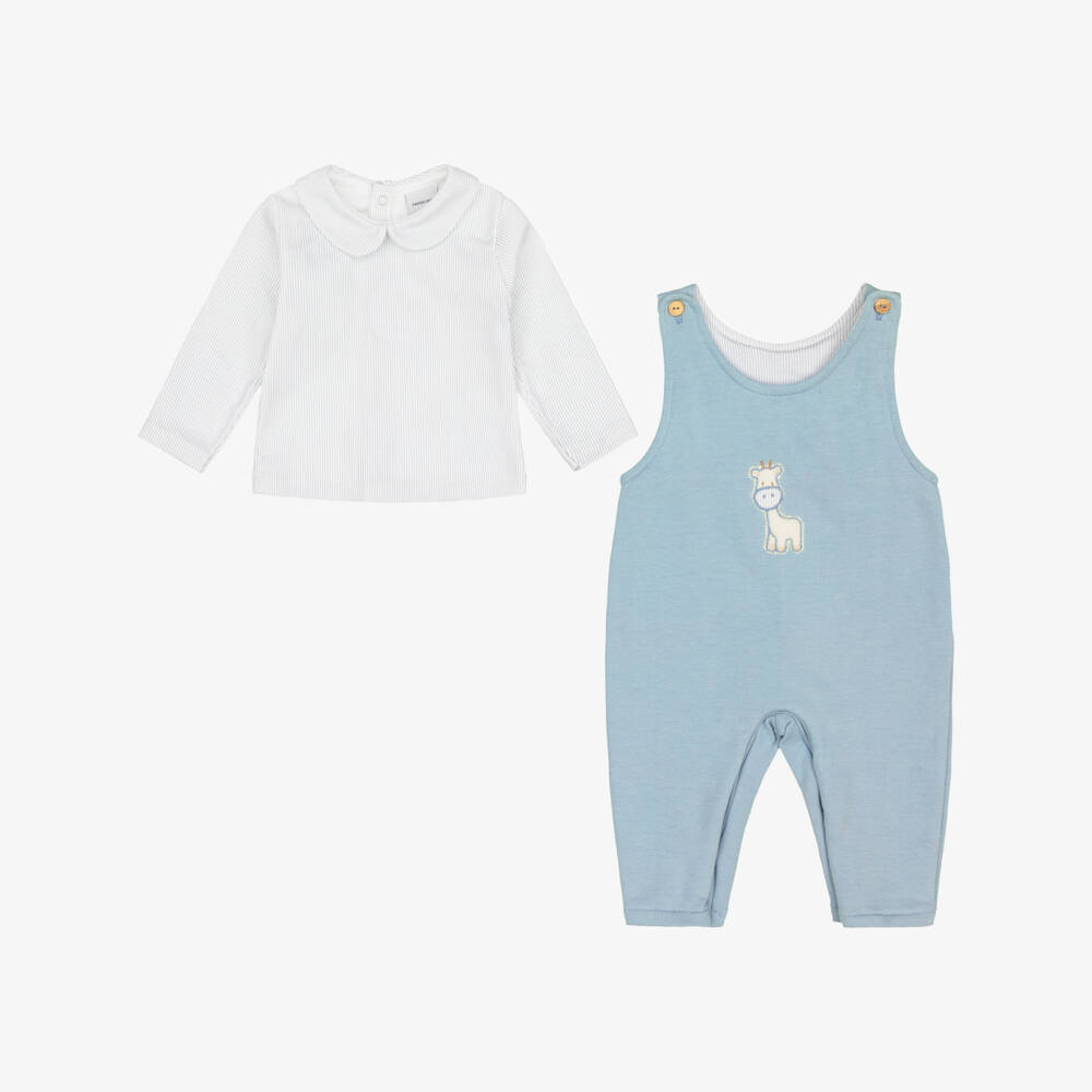 Babidu-Baby Boys Blue Jersey Dungaree Set with Giraffe Motif | Childrensalon