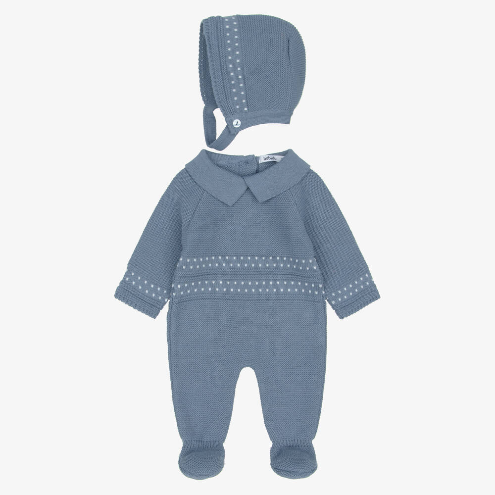 Babidu-Baby Boys Blue Knitted Babygrow Set | Childrensalon