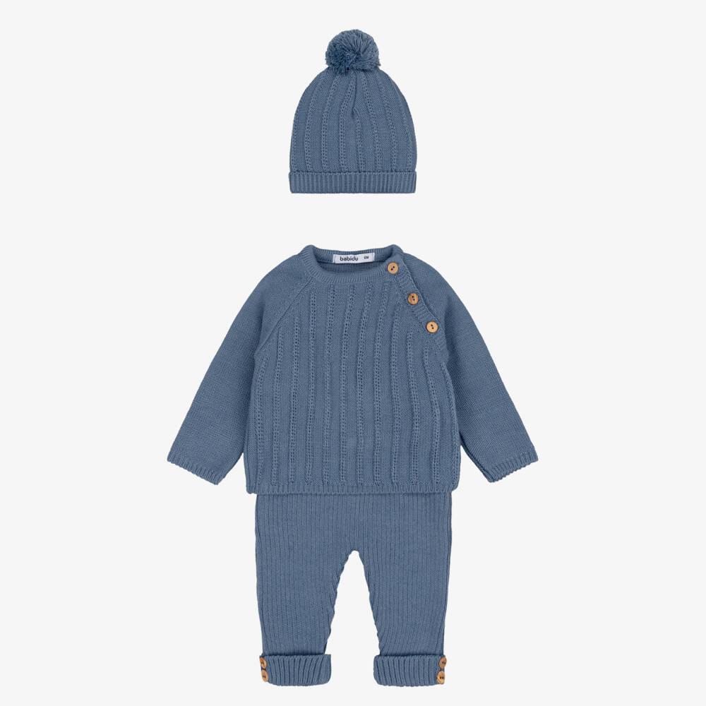 Babidu-Baby Boys Blue Knitted Trouser Set | Childrensalon