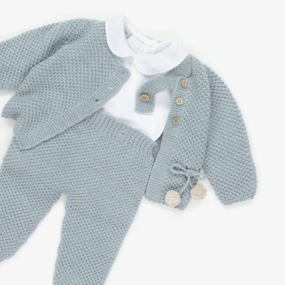 Babidu-Baby Boys Blue Knitted Wool Trouser Set with Pom-Pom | Childrensalon