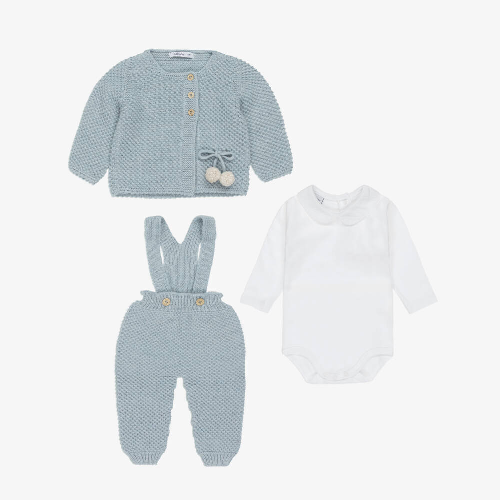 Babidu-Baby Boys Blue Knitted Wool Trouser Set with Pom-Pom | Childrensalon