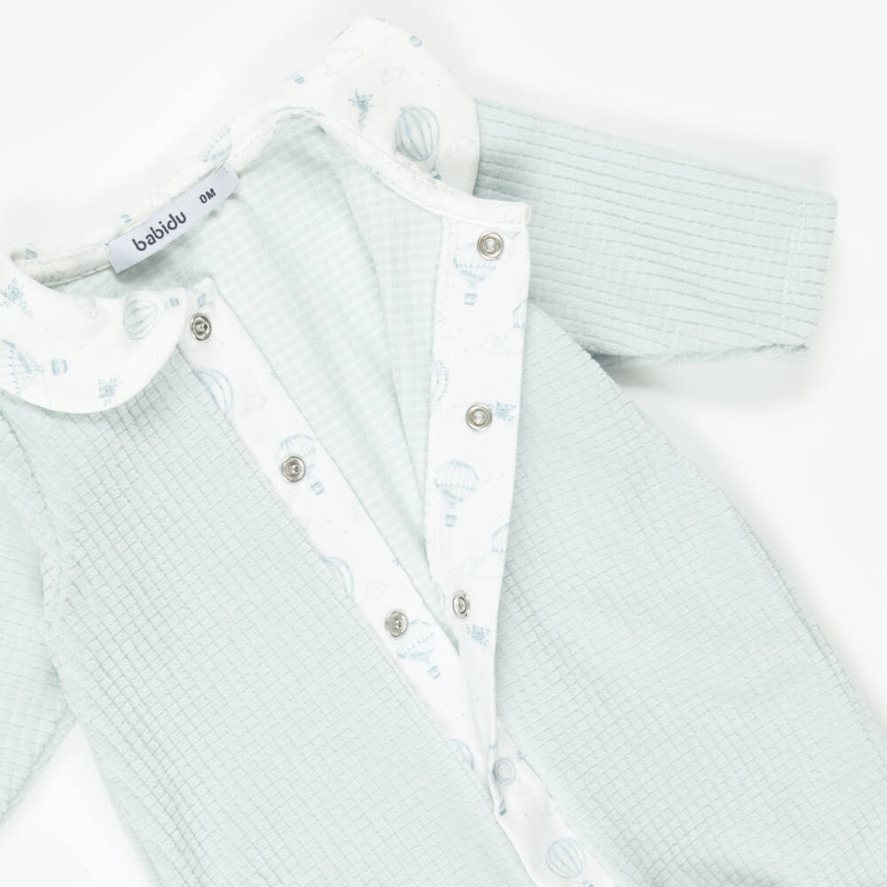Babidu-Baby Boys Blue Velour Babygrow with Balloon Print | Childrensalon