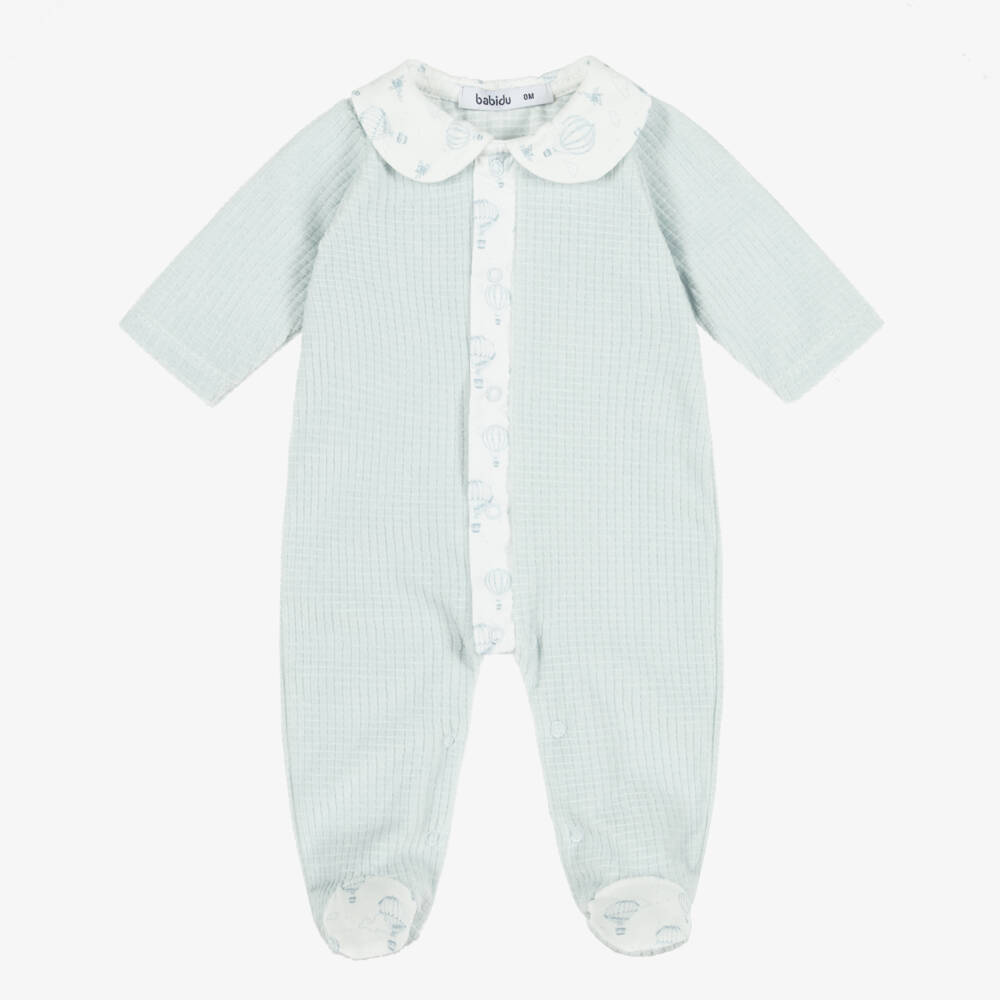 Babidu-Baby Boys Blue Velour Babygrow with Balloon Print | Childrensalon