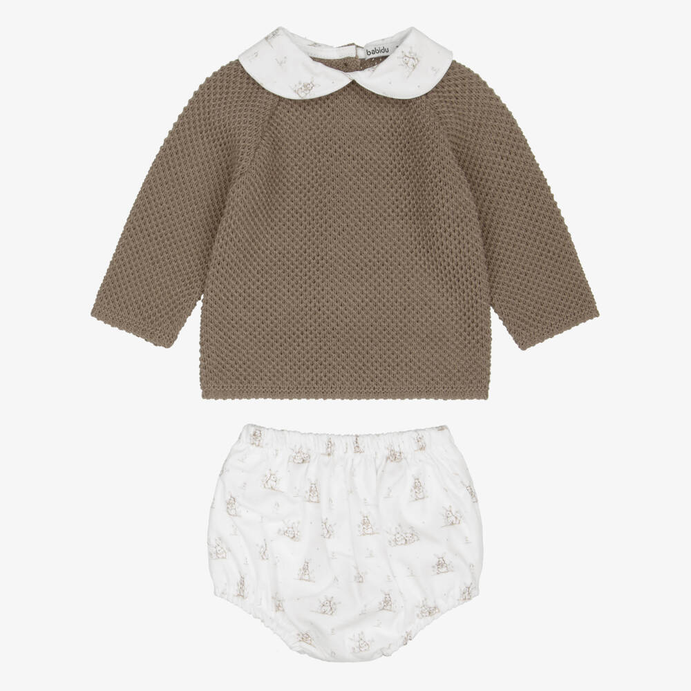 Babidu-Baby Boys Brown Knit Shorts Set with Bunny Print | Childrensalon