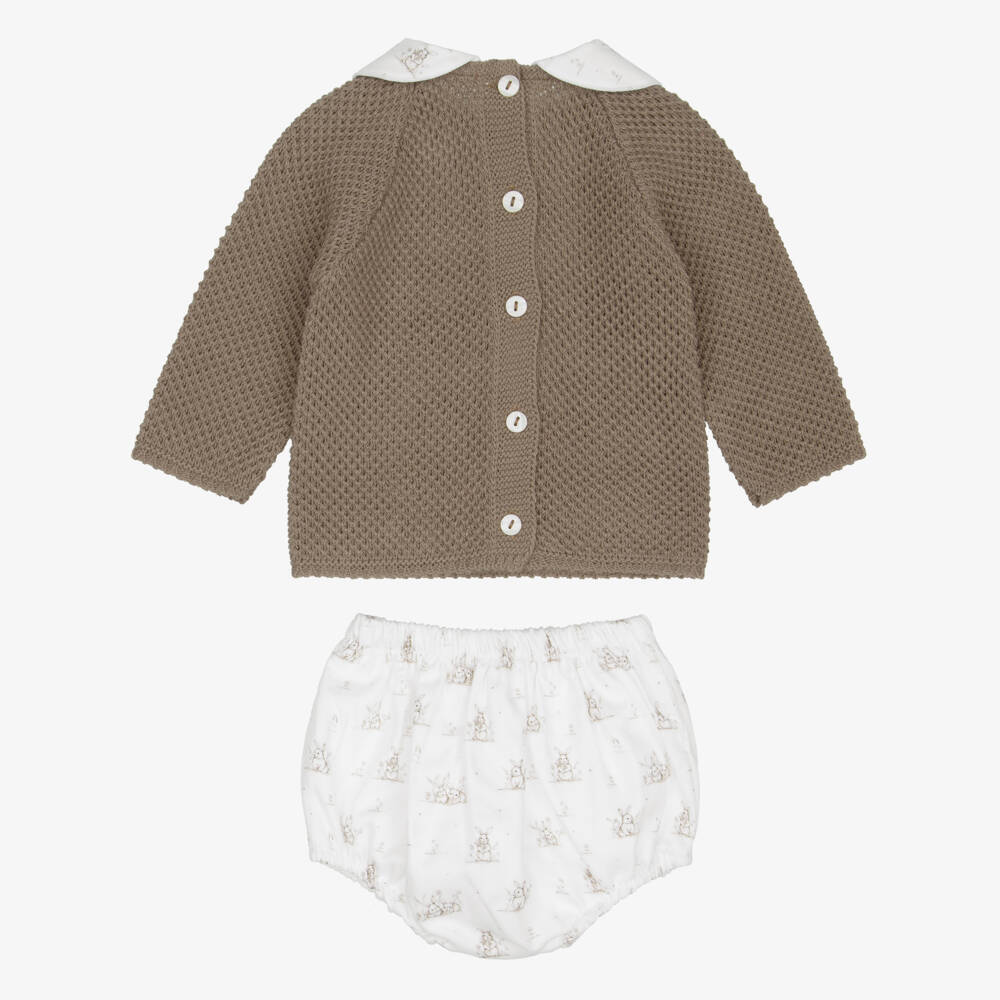 Babidu-Baby Boys Brown Knit Shorts Set with Bunny Print | Childrensalon