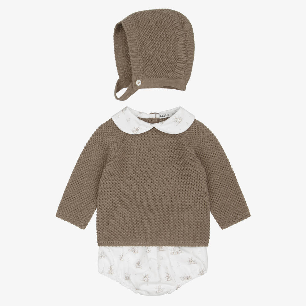 Babidu-Baby Boys Brown Knit Shorts Set with Bunny Print | Childrensalon