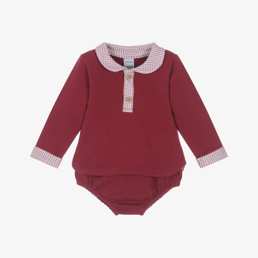 Babidu-Baby Boys Burgundy Red Cotton Shorts Set with Gingham Trims | Childrensalon