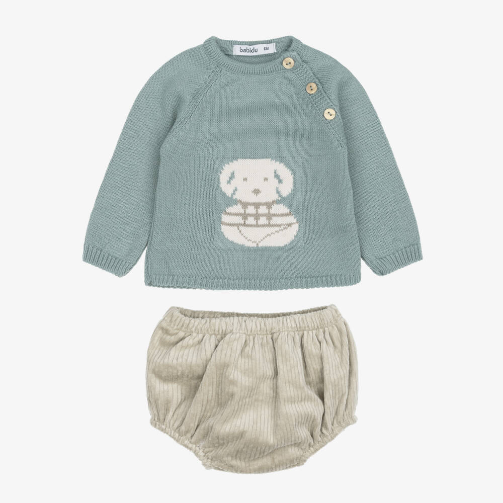 Babidu-Baby Boys Green & Beige Corduroy Shorts Set | Childrensalon