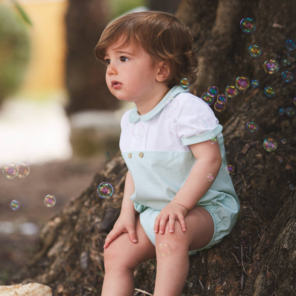 Babidu-Baby Boys Green Gingham Cotton Shortie | Childrensalon