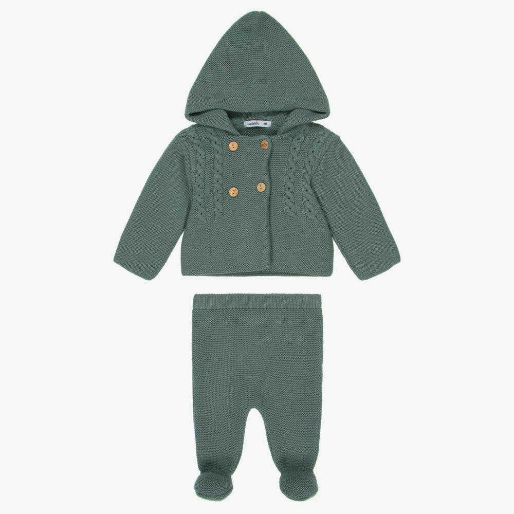 Babidu-Baby Boys Green Knitted Pram Coat Set | Childrensalon