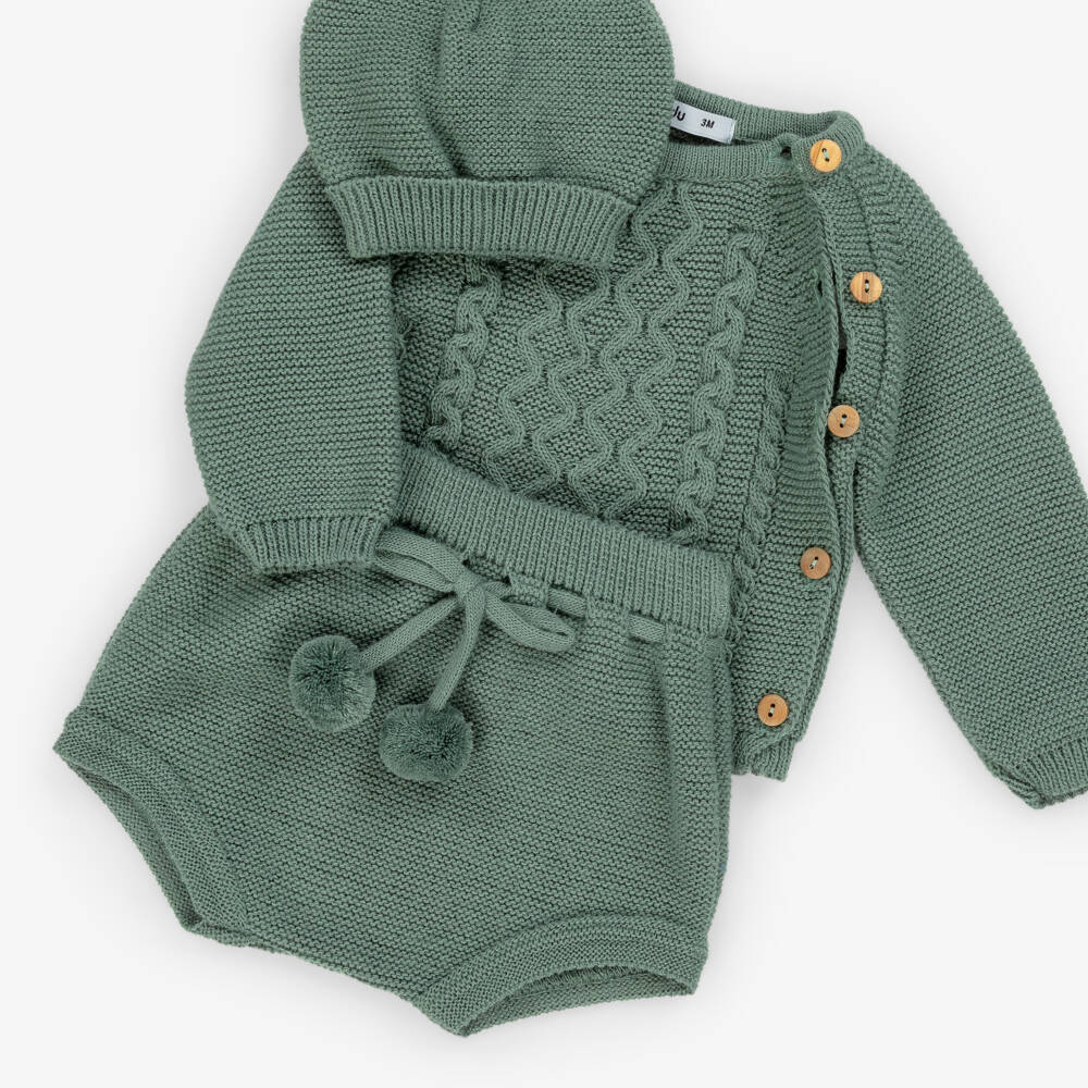 Babidu-Baby Boys Green Knitted Shorts Set | Childrensalon