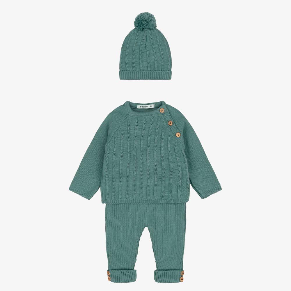 Babidu-Baby Boys Green Knitted Trouser Set | Childrensalon
