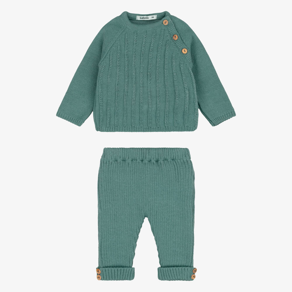 Babidu-Baby Boys Green Knitted Trouser Set | Childrensalon