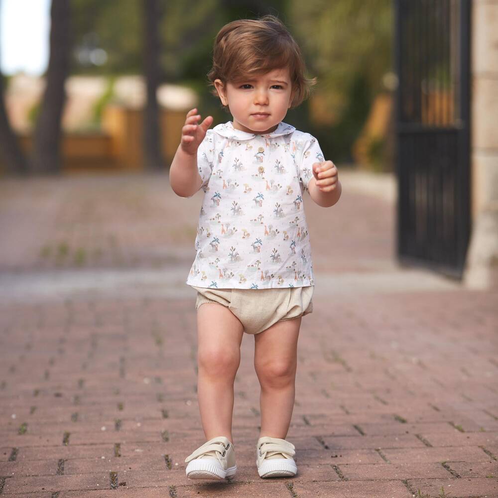 Babidu-Baby Boys Ivory & Beige Cotton Safari Print Shorts Set | Childrensalon