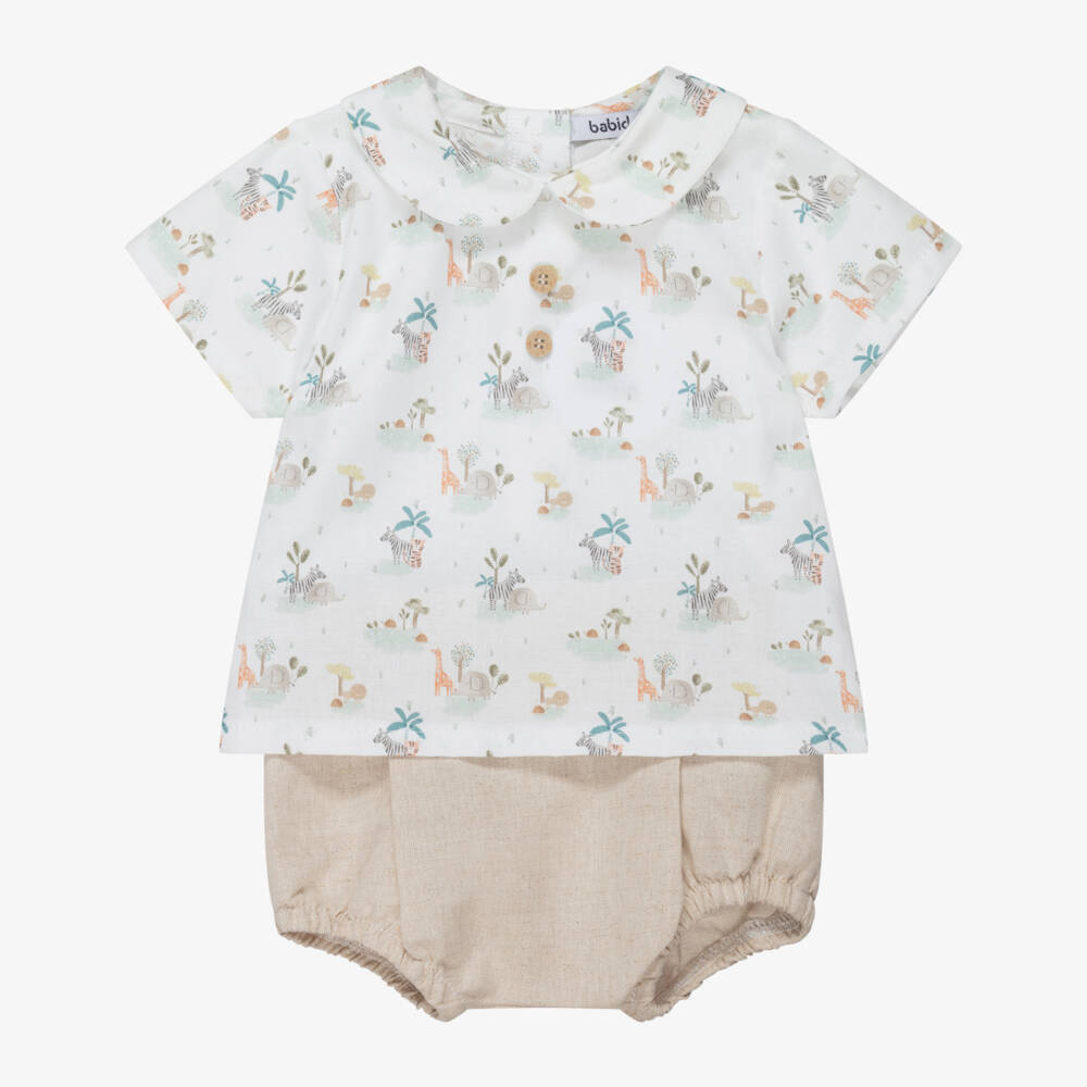 Babidu-Baby Boys Ivory & Beige Cotton Safari Print Shorts Set | Childrensalon