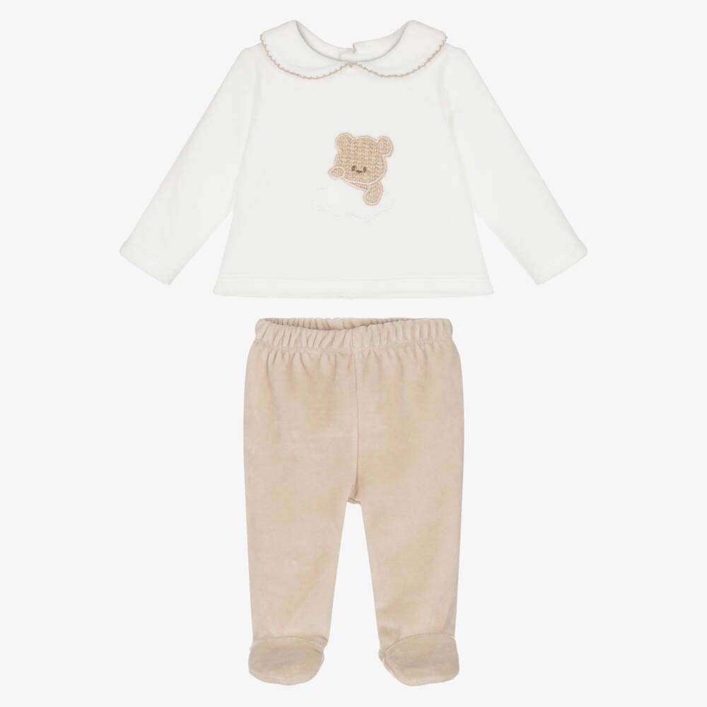 Babidu-Baby Boys Ivory & Beige Velour Teddy Bear 2 Piece Babygrow  | Childrensalon
