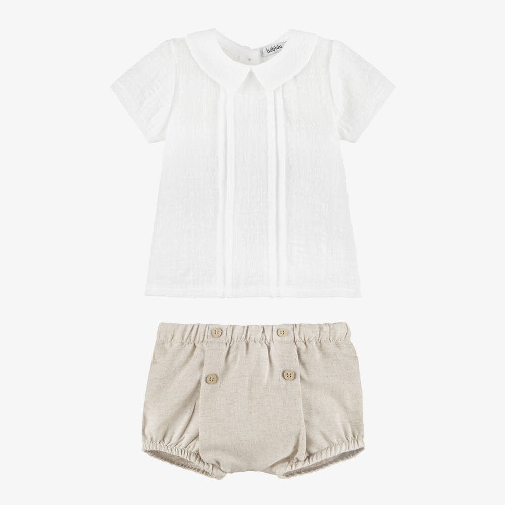 Babidu-طقم شورت قطن لون عاجي وبيج للأولاد الرضع | Childrensalon
