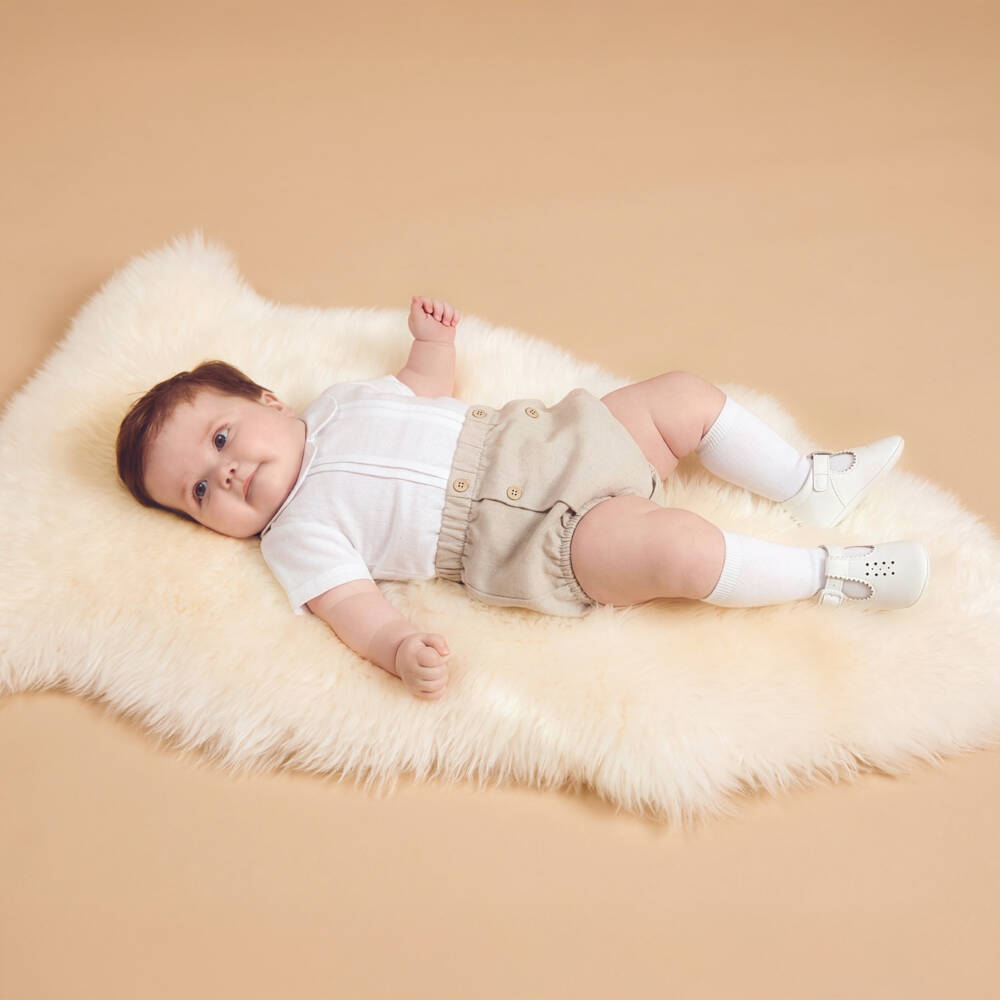 Babidu-Baby Boys Ivory Top & Beige Cotton Shorts Set | Childrensalon