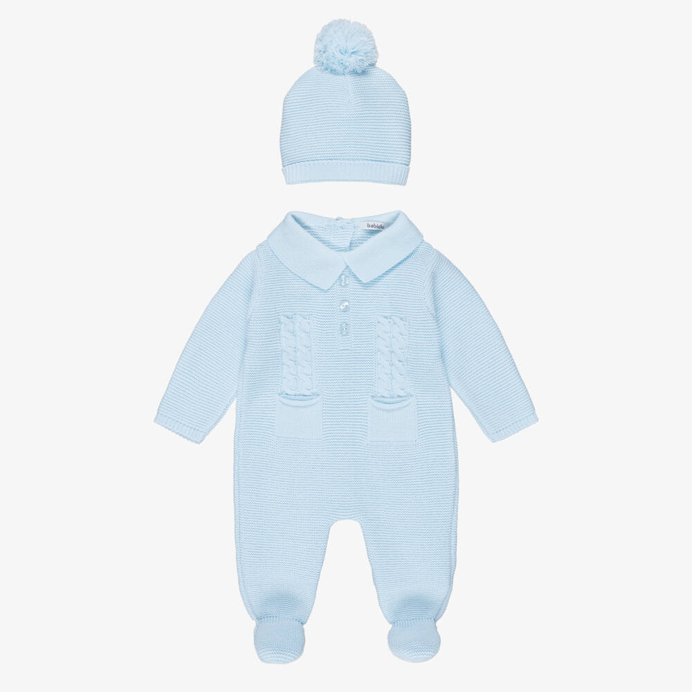 Babidu-Baby Boys Light Blue Knitted Babygrow & Hat Set | Childrensalon