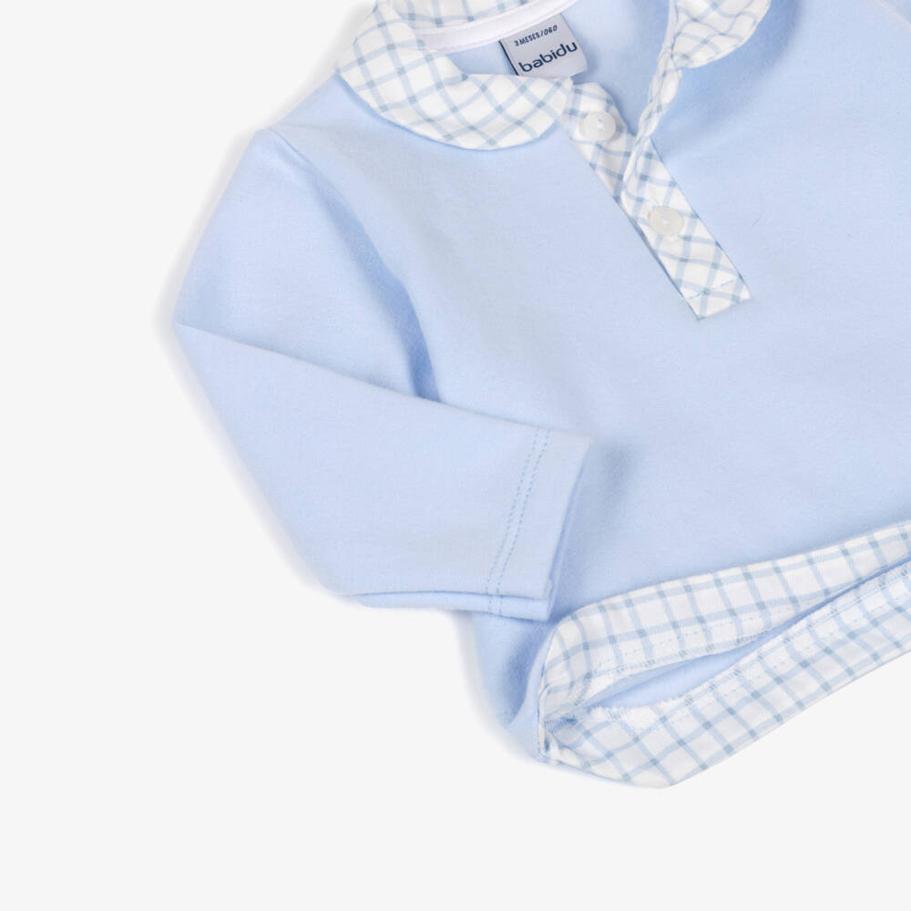 Babidu-Baby Boys Pale Blue Cotton Shorts Set with Check Trim | Childrensalon
