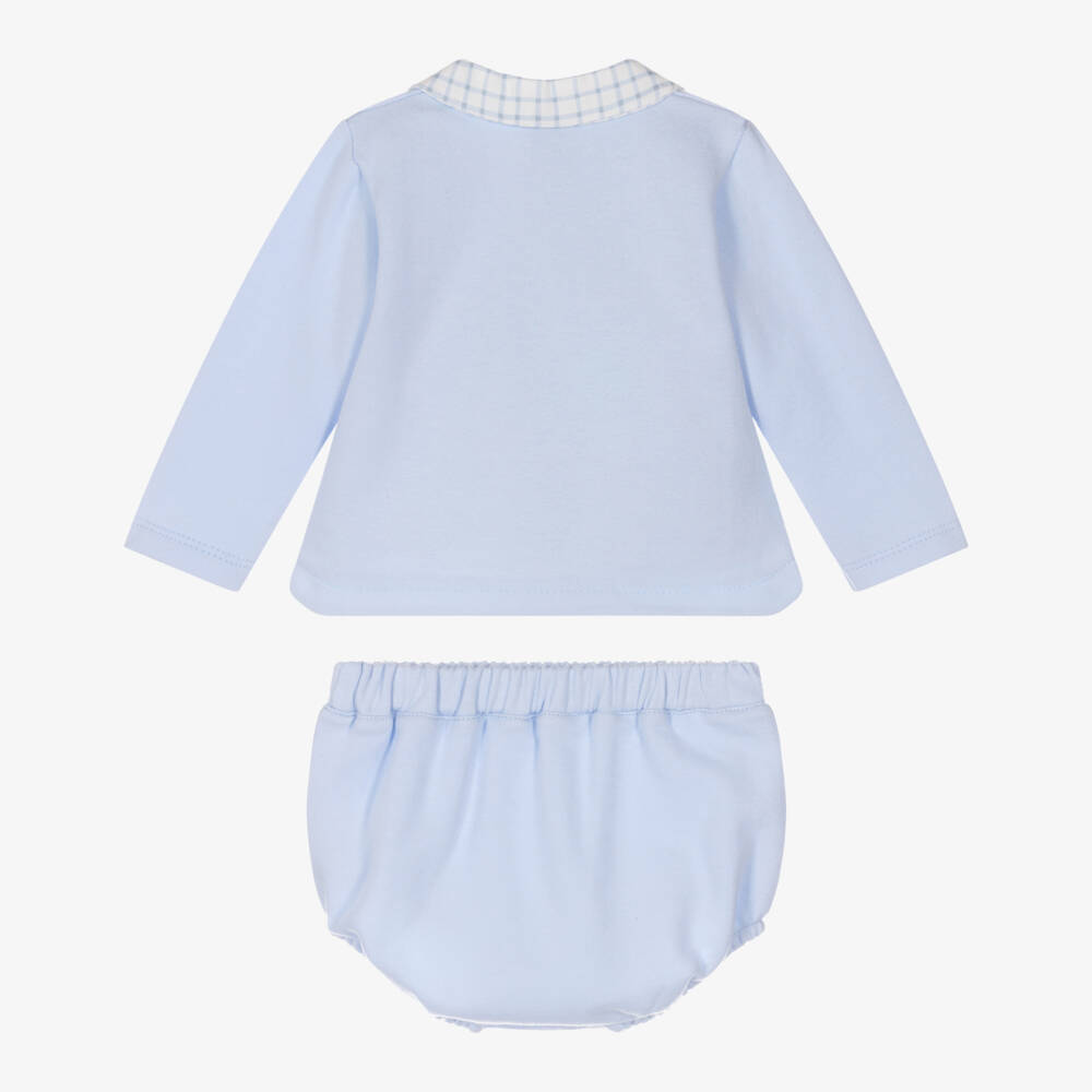 Babidu-Baby Boys Pale Blue Cotton Shorts Set with Check Trim | Childrensalon