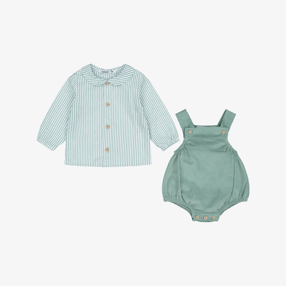 Babidu-Baby Boys Teal Green Corduroy Dungaree Shorts Set | Childrensalon
