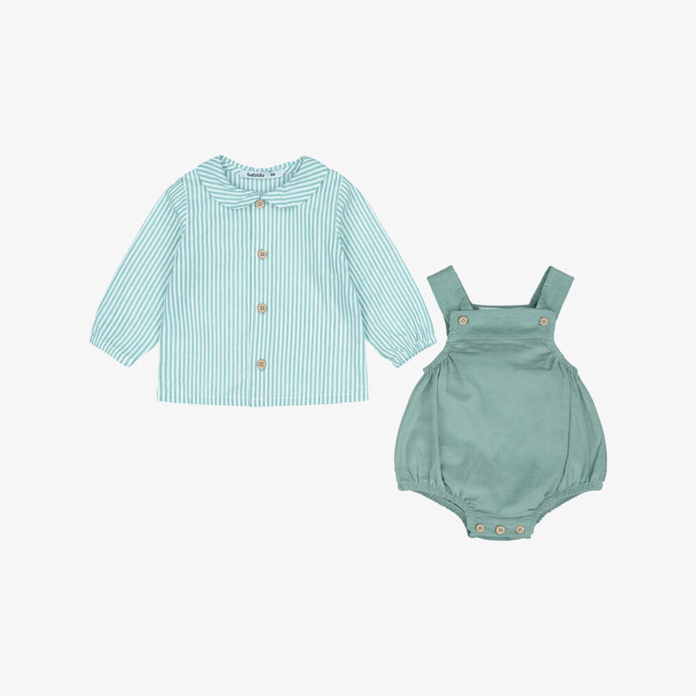 Babidu-Baby Boys Teal Green Corduroy Dungaree Shorts Set | Childrensalon
