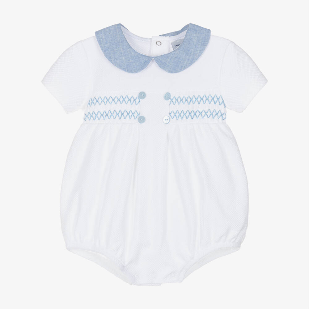 Babidu-Baby Boys White & Blue Smocked Cotton Shortie | Childrensalon