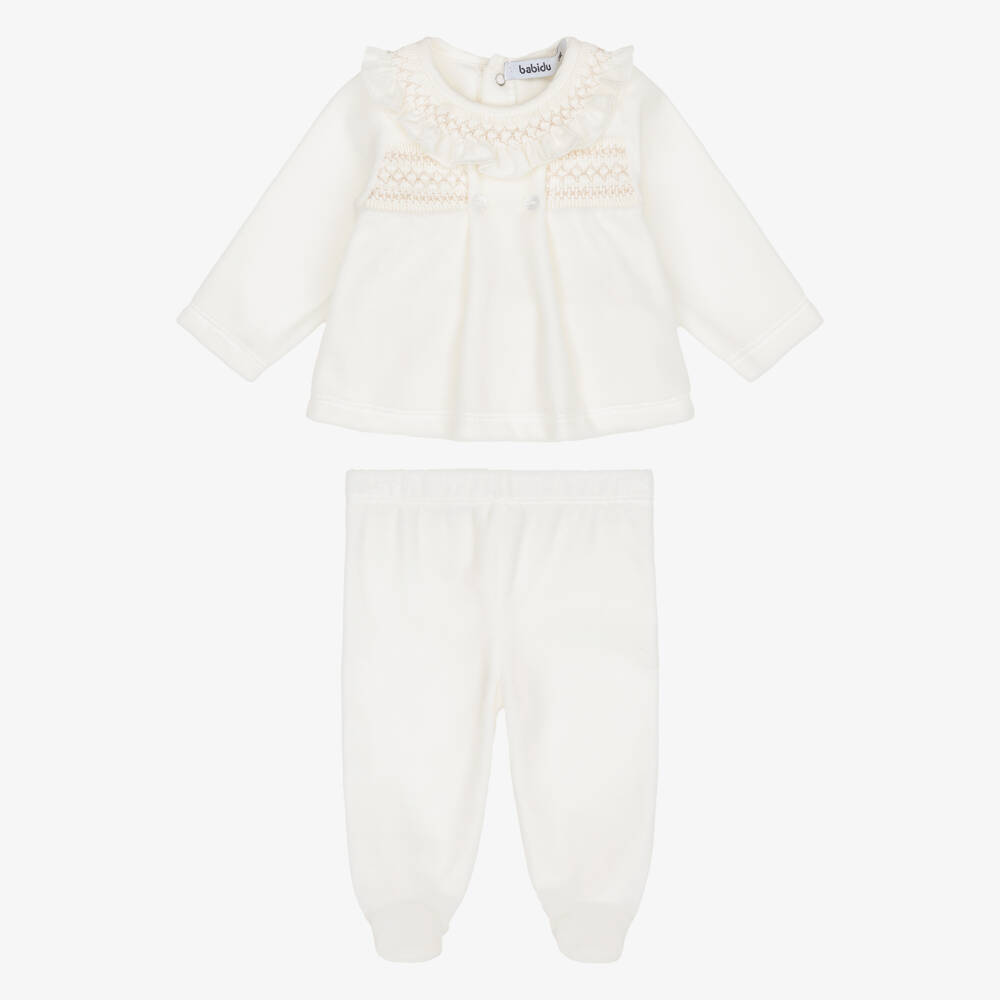 Babidu-Baby Girls 2 Piece Velour Babygrow with Smocking | Childrensalon